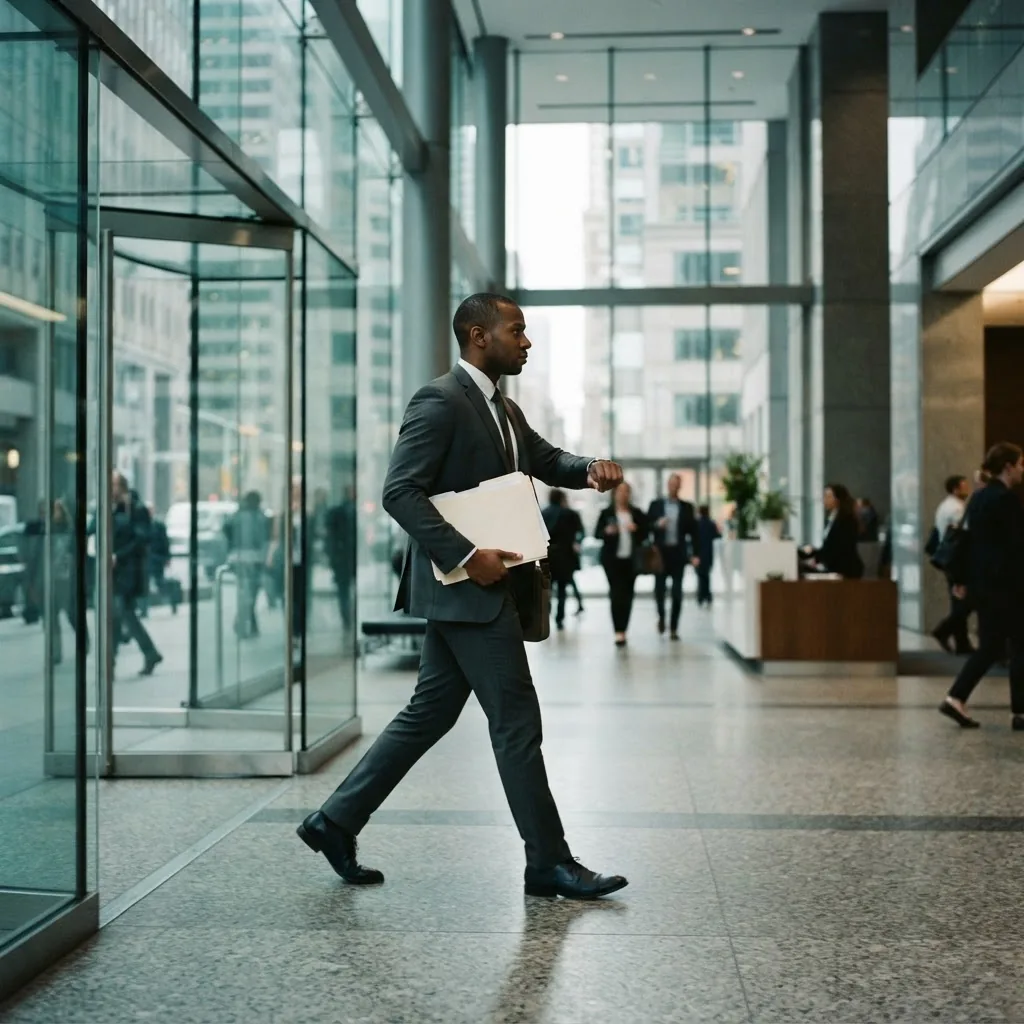A document runner carrying a client’s file into a downtown Toronto office building