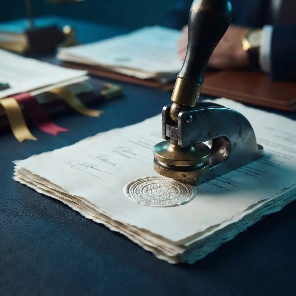 An official document being authenticated with a metal embossing seal press
